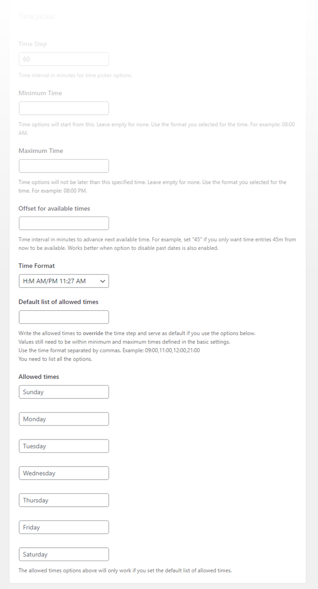 Time picker settings