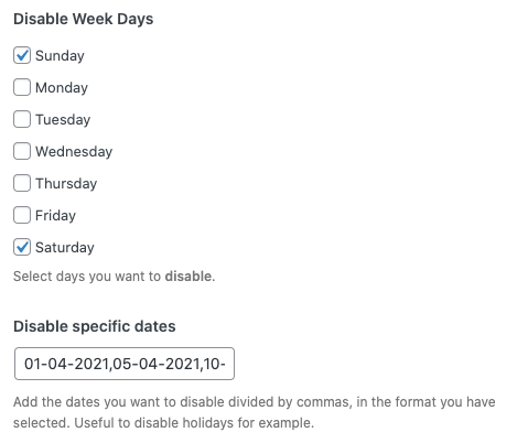 Disable Specific Days or Dates