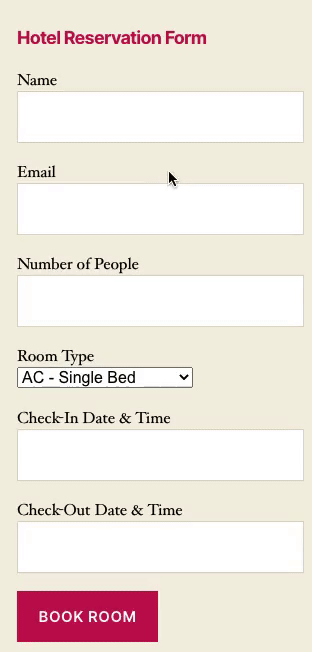 Hotel reservation form with date range picker