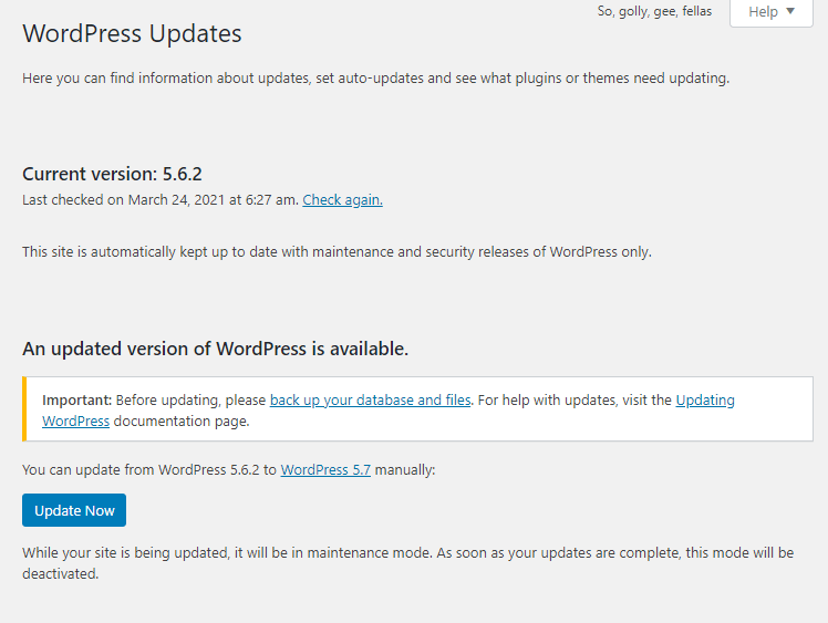WordPress update notification window
