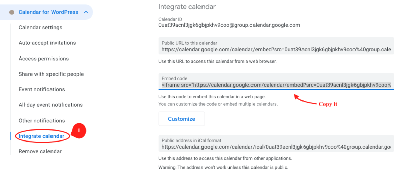 Copying iframe for HTML Google Calendar in WordPress