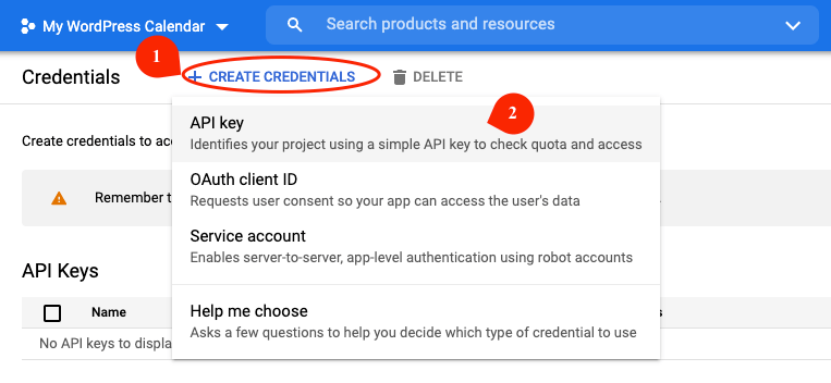 Create credentials and choose API Key