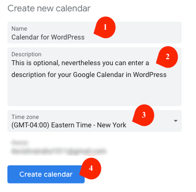 Created a new calendar in Google Calendar