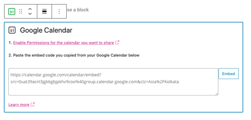 Embedded Google Calendar in WordPress using Jetpack's block