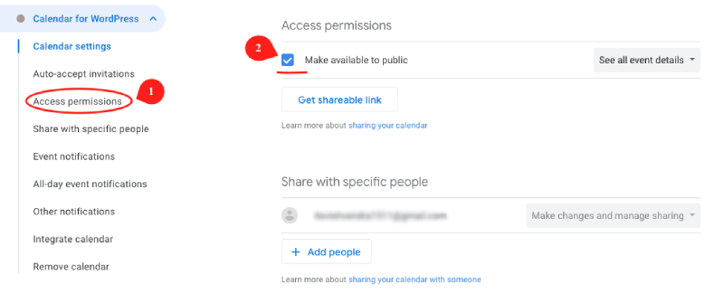 Enabling access permission in Google Calendar