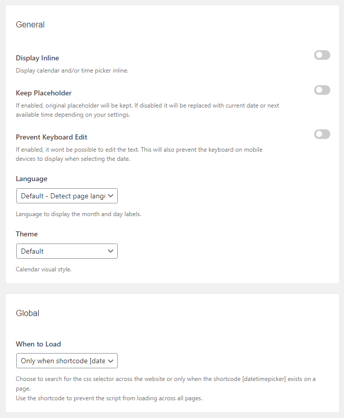 General settings of Date and Time Picker