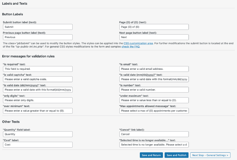 Hour Booking Settings to assign text and labels