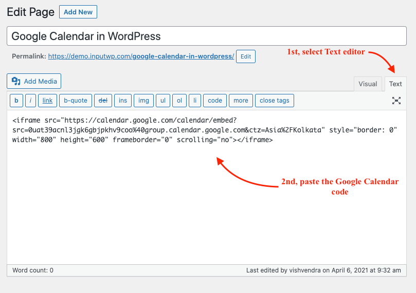 Inserting Google Calendar in WordPress using Classic Editor